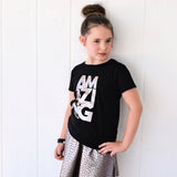 Load image into Gallery viewer, AMAZING in Pewter foil Kids, Girls, Boys, Unisex, Teen Short Sleeve T-shirt