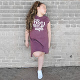 Load image into Gallery viewer, BAD VIBES DON&#39;T GO WITH MY OUTFIT GIRLS BURGUNDY HEM DRESS